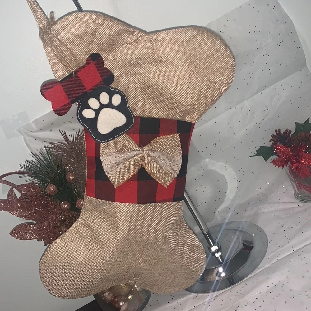 Christmas Decorations Linen Lattice Bone Socks Pendant Candy Bag - Picture 6 of 7